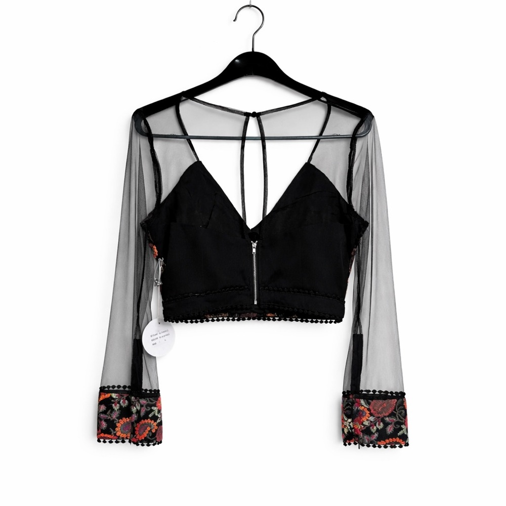 LUXXEL Embroidered Mesh Crop Top Sheer Sleeve Bustier Festival NWT M/L Summer - Picture 2 of 14